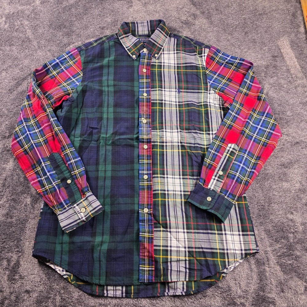 Polo Ralph Lauren Patchwork Oxford Plaid Shirt Mens M Classic Fit Multi Tartan